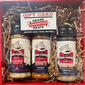 Red gift box containing three seasoning shakers and a GCM gift card
